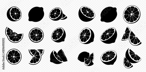 Set of black and white lemon silhouettes, whole and sliced, for design elements and icons.