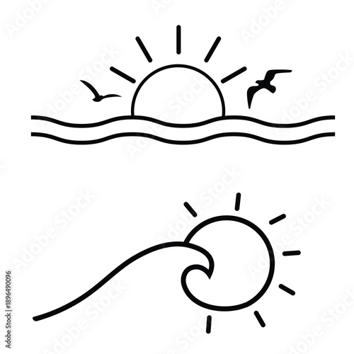 Minimalist Ocean Line Art: Sunset and Crashing Wave Vector Set