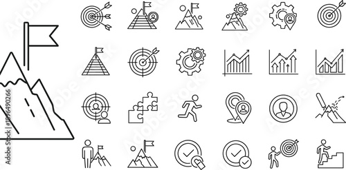 Goal achievement and success strategy line icons set with targets milestones growth planning motivation progress and business performance outline symbols
