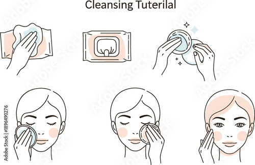 Step-by-step instructional graphic showing facial cleansing routine with wipes, cotton pads, and glowing skin visuals