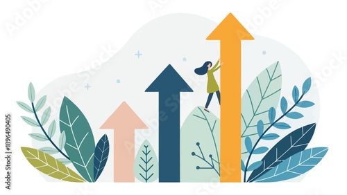 Woman pushing upward arrow to new heights surrounded by leaves