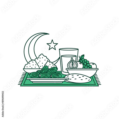 Illustration of a traditional iftar meal on a green table with a crescent moon.