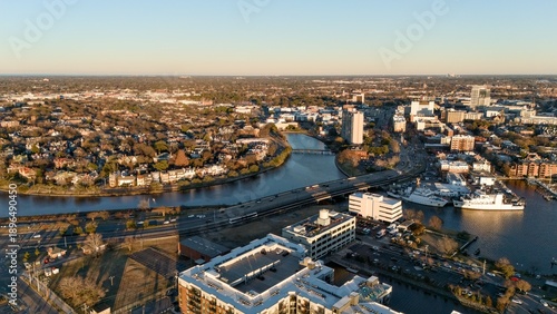 Photography Drone photo of Norfolk Virginia showing river residential areas and city outskir