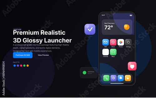 "A sleek and modern presentation of a high-end mobile user interface kit, featuring tactile 3D glossy icons and a dark-themed launcher mockup. The aesthetic blends glassmorphism and vibrant gradients 