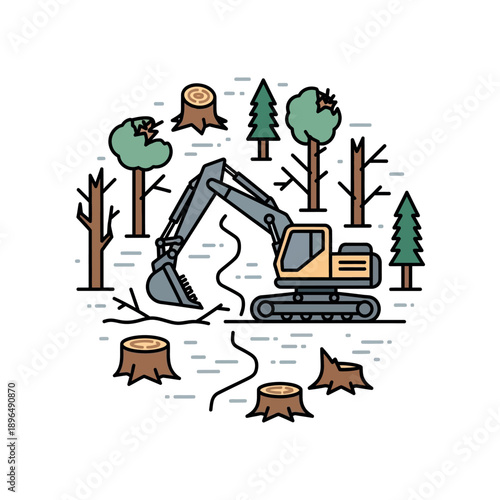 An excavator actively cuts down trees in a forest clearing with stumps.