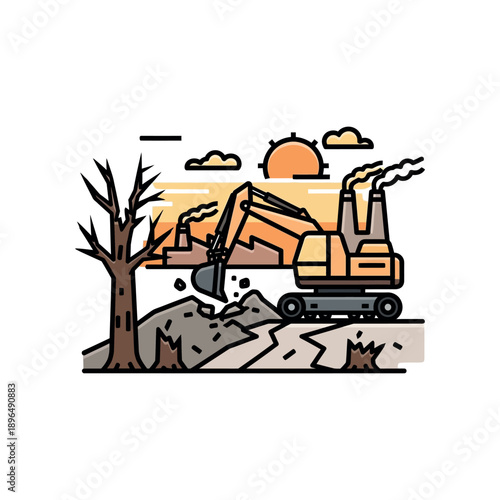 Excavator digging earth with dry tree nearby at sunset in industrial landscape illustration