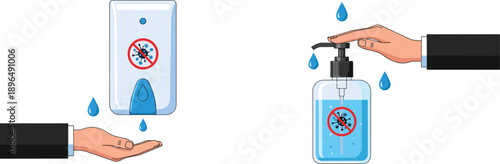 Hand sanitizing illustration showing liquid soap dispenser and sanitizer bottle with germ protection symbols for hygiene cleanliness health safety and infection prevention concept