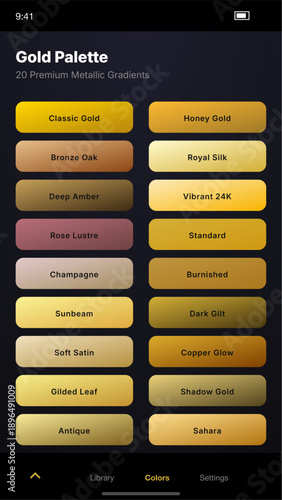 "A sleek and sophisticated mobile application interface showcasing a curated 'Gold Palette.' The visual mood is luxurious and high-end, utilizing a deep charcoal dark mode background that allows 