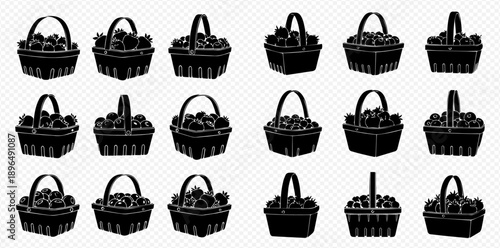 Set of black silhouettes of baskets filled with berries or fruits, isolated on transparent background.