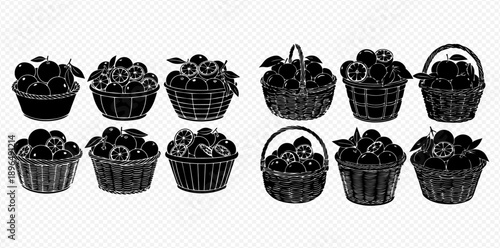 Collection of black and white fruit baskets, featuring various fresh fruits in different container styles.