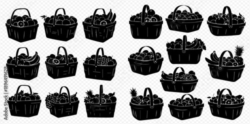 Set of fruit baskets silhouettes, including apples, bananas, grapes, and pineapples, showcasing various healthy food options.