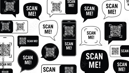 QR code scan me labels and speech bubbles set with smartphone scanning marketing tags mobile payment access and promotion outline symbols