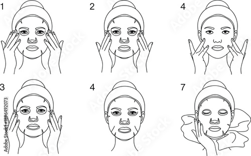 Step-by-step instructional graphic showing how to apply a sheet mask for facial skincare and beauty routine visuals