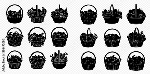 Collection of various baskets filled with fruits and berries, black silhouettes on transparent background.