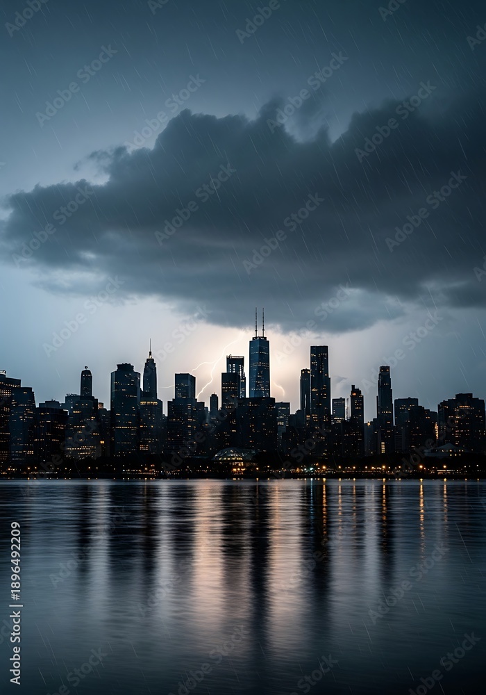Fototapeta premium Cityscape Reflections - A Moody Skyline at Dusk.