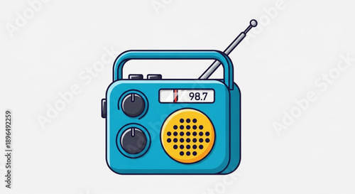 Vintage blue portable radio with yellow speaker and antenna