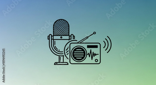Microphone and radio broadcasting equipment on gradient background