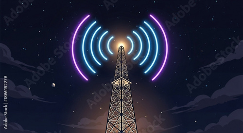 Cell tower with glowing blue and purple signal waves at night sky