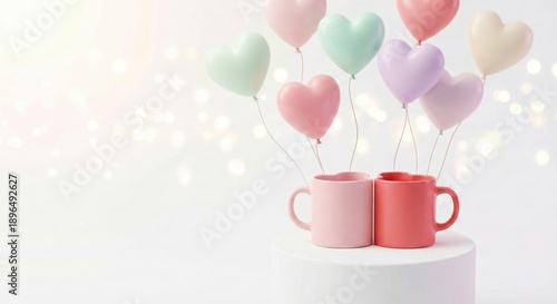 Heart shaped balloons and two mugs on podium