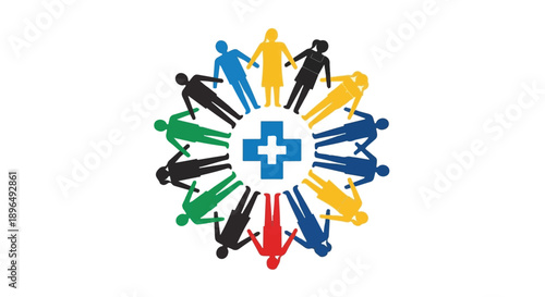 Diverse people standing in circle with medical cross symbol