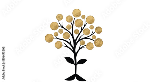 Minimalist illustration of a tree with gold orbs