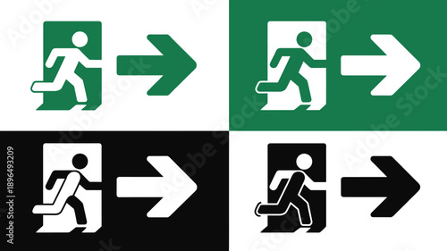 Emergency Exit Way Out Safety Signage Set with Running Man Icon and Arrow Directional Symbols for Building Compliance and Security Standards
