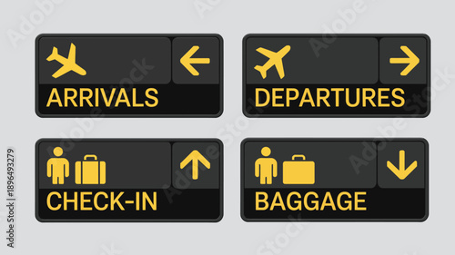 Airport Directional Signs Set for Arrivals Departures Check-in and Baggage Claim with Icons for Terminal Wayfinding and Transportation Logistics