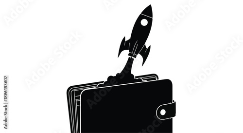 Rocket ship emerging from a wallet on a white background