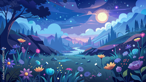 Very beautiful fantasy night meadow beneath a star-filled sky, where soft moonlight illuminates wildflowers and drifting mist, creating a tranquil and otherworldly dreamscape.