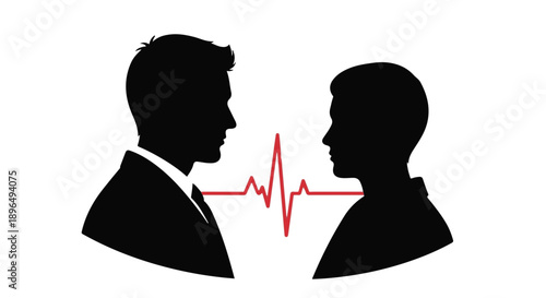 Silhouettes of two men facing each other with heartbeat line