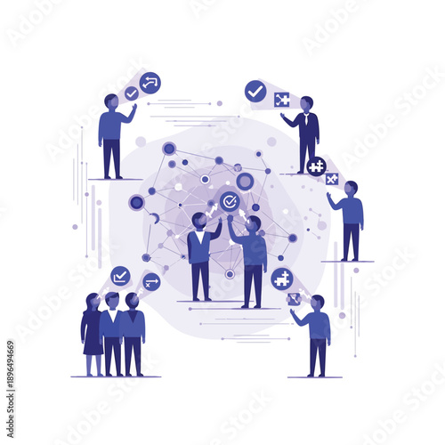 Professionals collaborating on a project with digital icons and networks surrounding them in a circular formation illustration