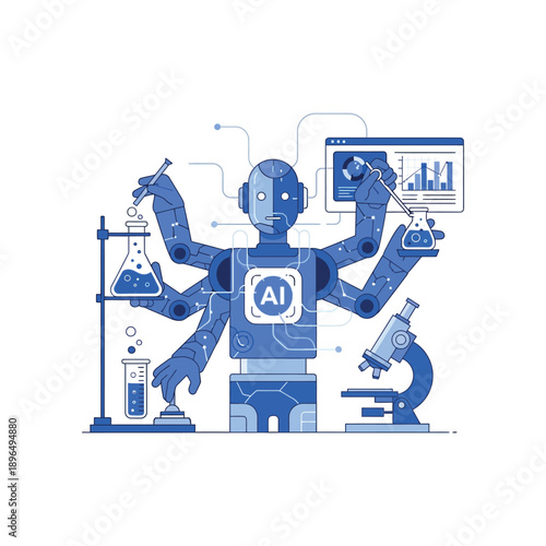 Artificial intelligence robot conducting experiments and analyzing data in a futuristic laboratory setting illustration