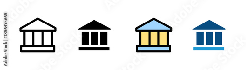 A collection of four stylized bank or public building icons in different design variations