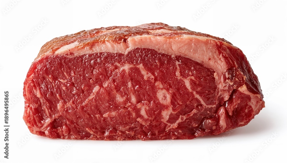 Obraz premium Grassfed beef steak slice with visible marbling and deep red color on white background, freshly cut gourmet meat