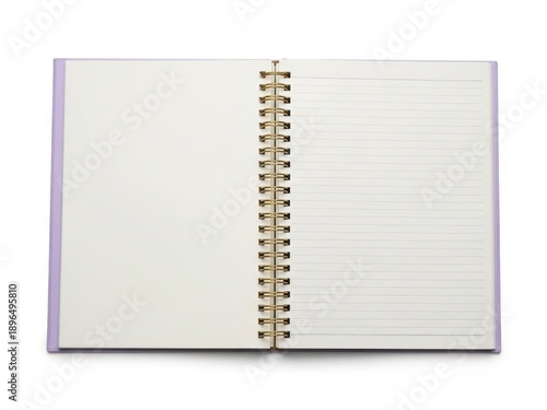 Open spiral notebook with lined pages and purple binding