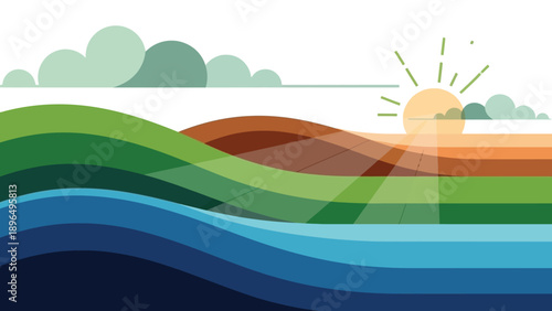 Layered landscape with sun and clouds