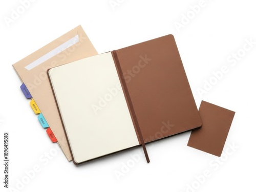 Collection of notebooks with colorful tabs and brown cover