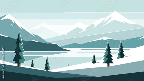 Serene snowy mountain landscape with evergreen trees and frozen lake