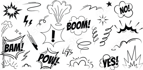 Comic doodle explosion and speech bubble effects set, vector Eps 10.