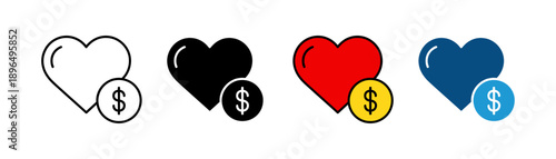 Heart Money Icon Set Flat Minimal Charity Finance. Vector Illustration