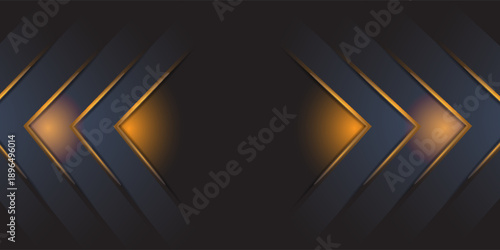 Vector luxury tech background. Stack of black carbon fiber material texture layer with gold stripe. Blured bottom layers. Arrow shape premium industrial wallpaper
