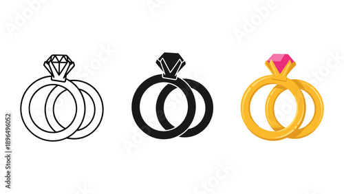 Three Wedding Rings with Diamonds in Different Styles and Colors