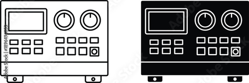 Control panel device illustration, black and white electronic interface with buttons and dials, isolated modern vector design for industrial and technology concepts