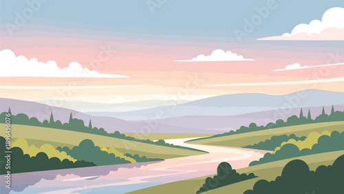 Serene landscape with winding river and distant mountains at sunset