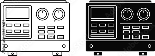 Electronic control panel illustration, dual black and white interface with display buttons and knobs, isolated vector design for industrial technology applications