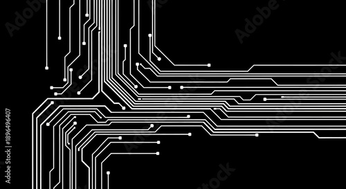 A high-tech digital design featuring a printed circuit board pattern with integrated microchips and processor lines for an abstract electronic motherboard hardware illustration