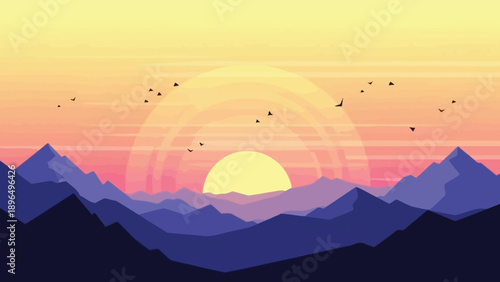 Serene mountain sunset with silhouetted peaks and flock of birds