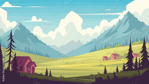 Serene mountain landscape with cozy cabin and rolling hills