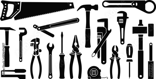 Large collection of hand tool silhouettes including saws hammers pliers and wrenches isolated on white background for industrial hardware and home improvement projects