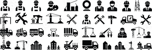 Large collection of construction icons including workers cranes trucks and buildings isolated on white background for industrial engineering projects and architectural site planning